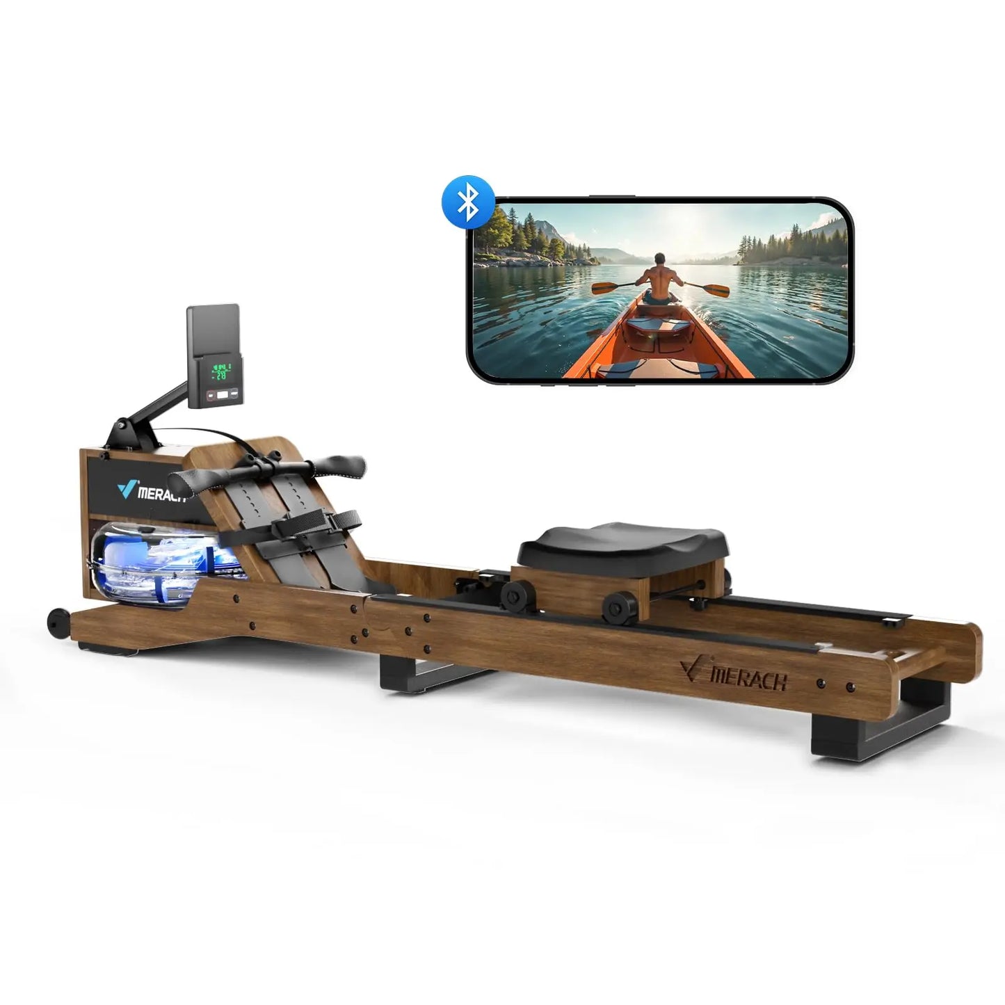 MERACH Water Rowing Machines for Home Oak Wood Rower with 12 Enhanced Resistance Blades Upgraded Handle Adjustable Footpad & App