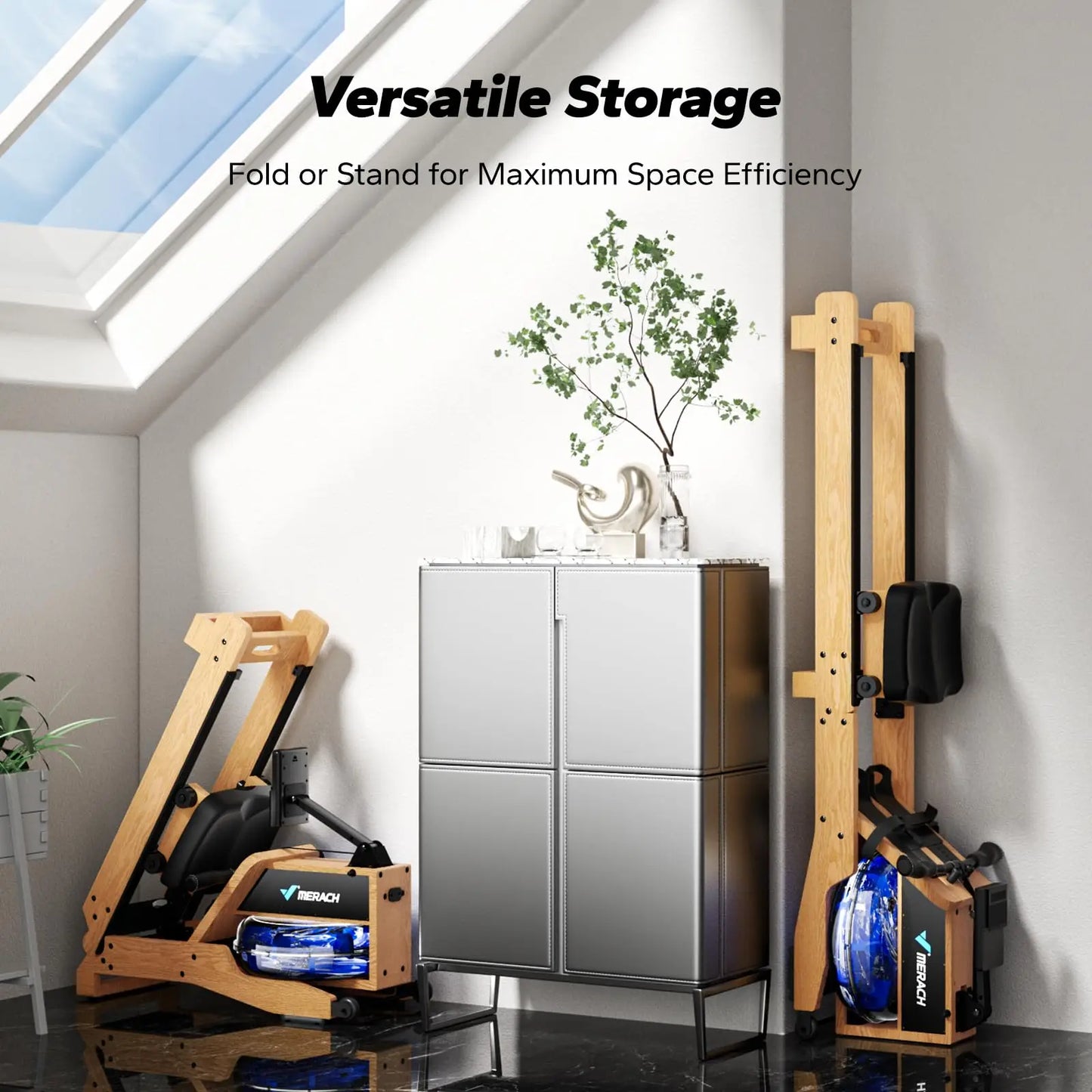 MERACH Water Rowing Machines for Home Oak Wood Rower with 12 Enhanced Resistance Blades Upgraded Handle Adjustable Footpad & App