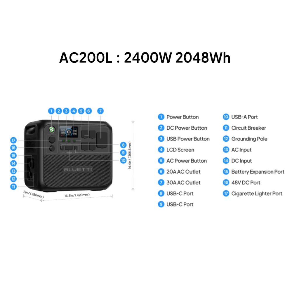 BLUETTI AC200L 2048Wh 2400W Portable Power Station Solar Generator High-Capacity Reliable Energy for Home Outdoor