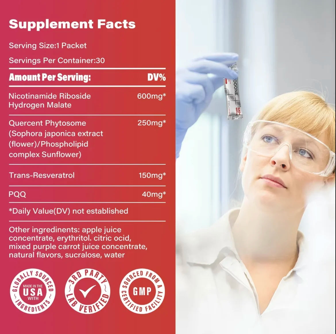 ZOOONE NR1000-NAD + Berry Flavor Drink Mix 30-Pack for Skin Aging Support, Energy, and Focus - Vitamin Supplement Healthcare