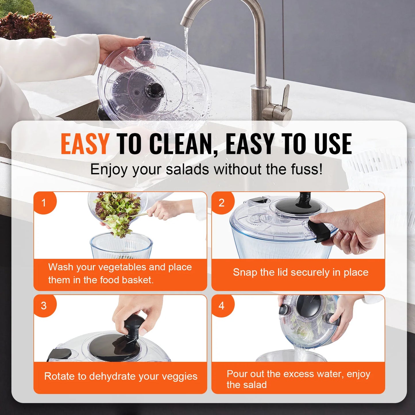 VEVOR Glass Salad Spinner 4.75Qt One-handed Easy Press Large Vegetable Dryer Washer Lettuce Cleaner and Dryer for Greens Herbs