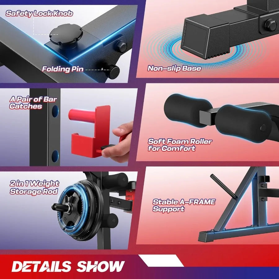 900 LBS Weight Bench Set with Squat Rack for Home Gym: Adjustable Flat Incline Decline Bench Press Station with Leg Extension a