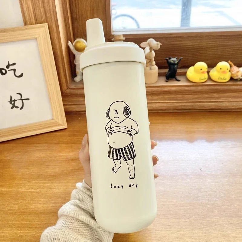 Cute Cat Thermal Cup Kawaii Bubble Milk Tea Water Bottle With Straw Cover Cap Large Stainless Steel Thermos Coffee Tumbler 850ml