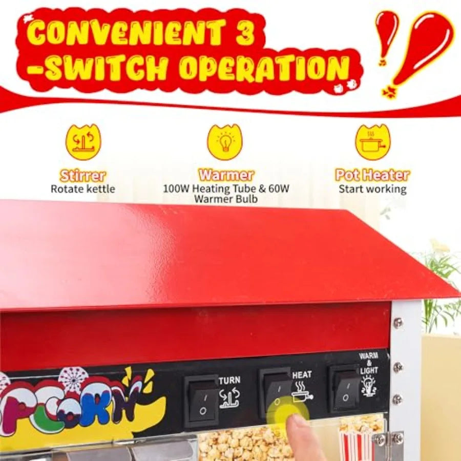 Commercial 1300W Countertop Popcorn Machine 10 Oz Kettle Red Popper for 60 Cups per Batch with 3-Switch Control 2 Scoops 1 Cup