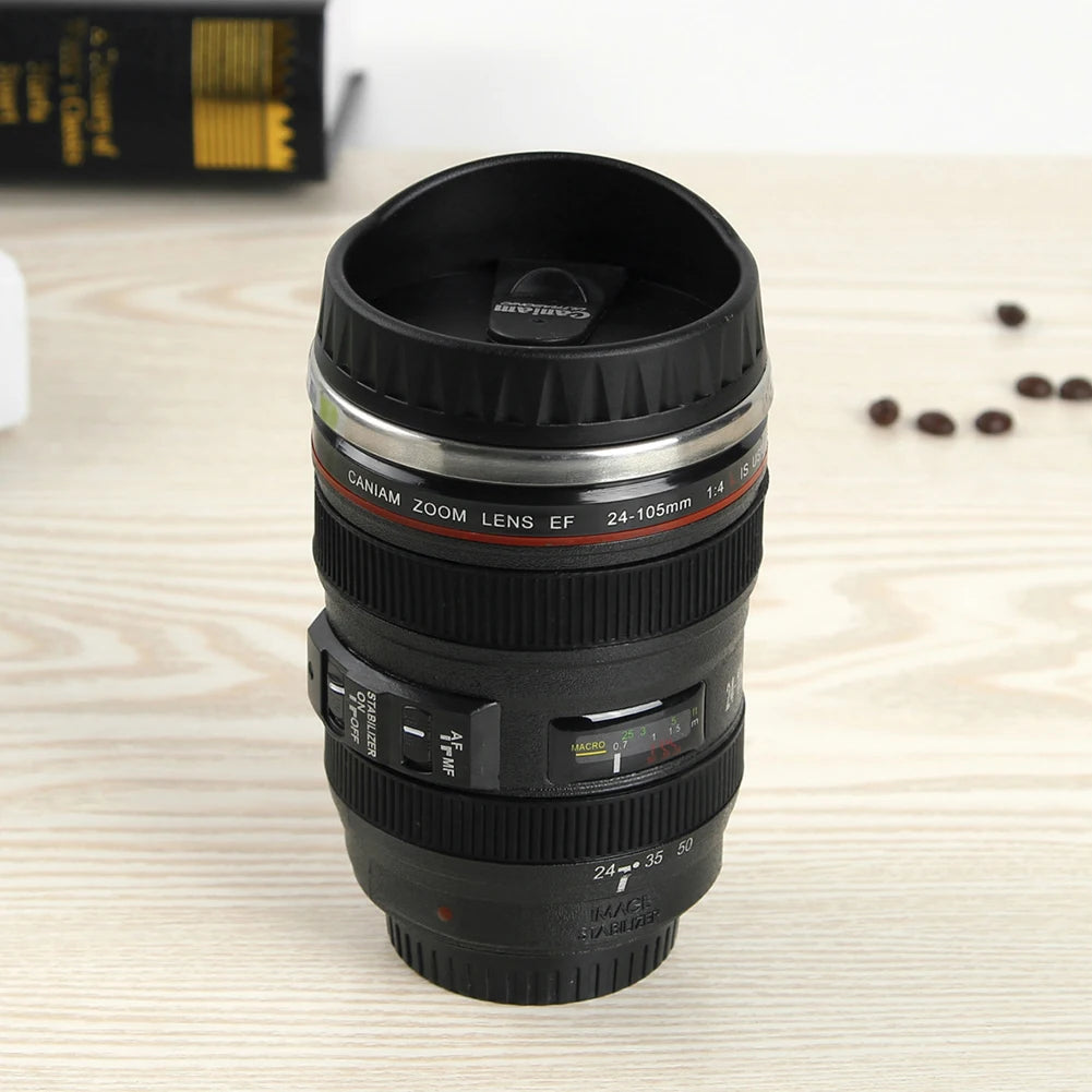 Stainless Steel Vacuum Flasks Thermal Insulation Cup 350mL Creative Camera Lens Shape Coffee Tea Mug with Lid