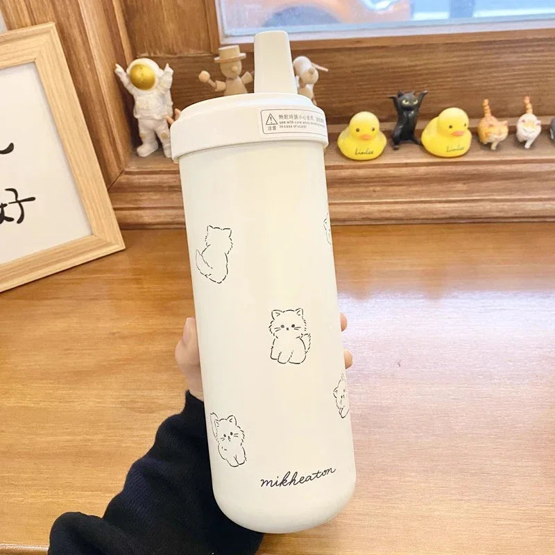 Cute Cat Thermal Cup Kawaii Bubble Milk Tea Water Bottle With Straw Cover Cap Large Stainless Steel Thermos Coffee Tumbler 850ml