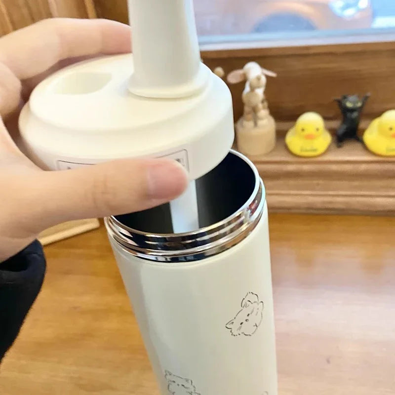 Cute Cat Thermal Cup Kawaii Bubble Milk Tea Water Bottle With Straw Cover Cap Large Stainless Steel Thermos Coffee Tumbler 850ml
