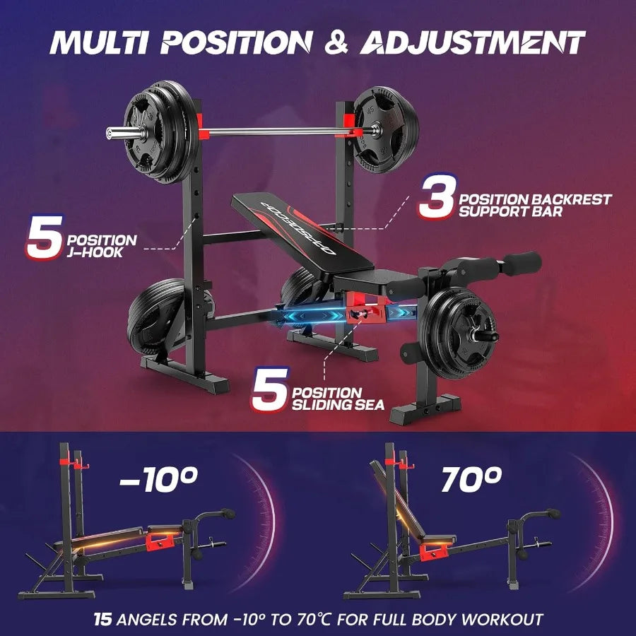 900 LBS Weight Bench Set with Squat Rack for Home Gym: Adjustable Flat Incline Decline Bench Press Station with Leg Extension a