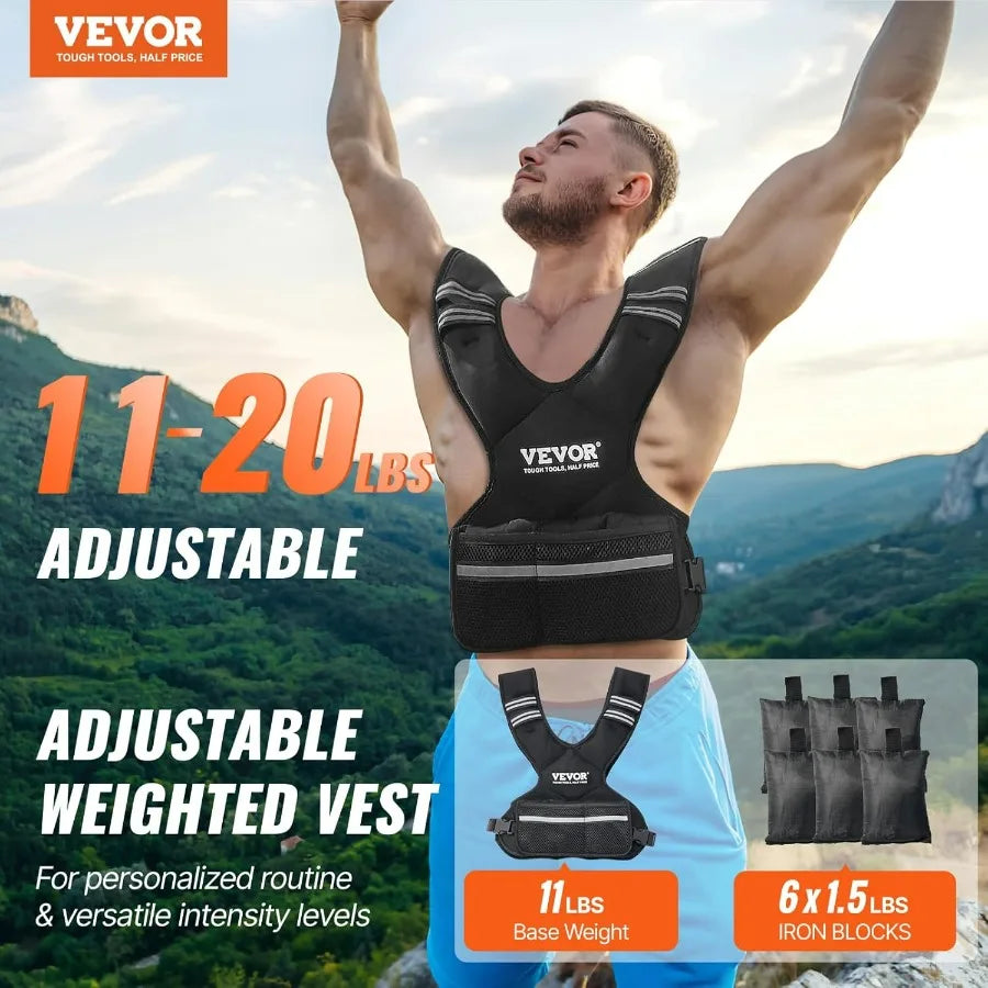 Adjustable Weighted Vest, 11-20lb Weight Vest with 6 Ironsand Weights and Reflective Stripe, Workout Equipment for Strength Trai