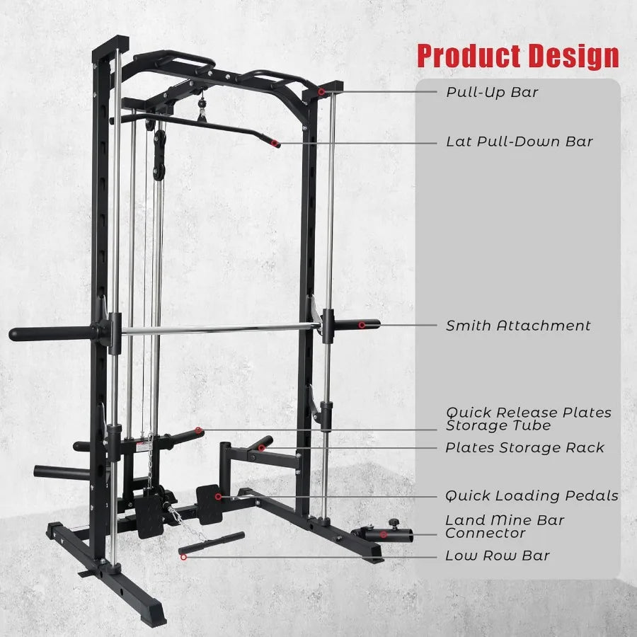 Smith Machine Power Rack with LATPull Down System Landmine Barbell Bar Plate Storage Pegs and More Training Attachment