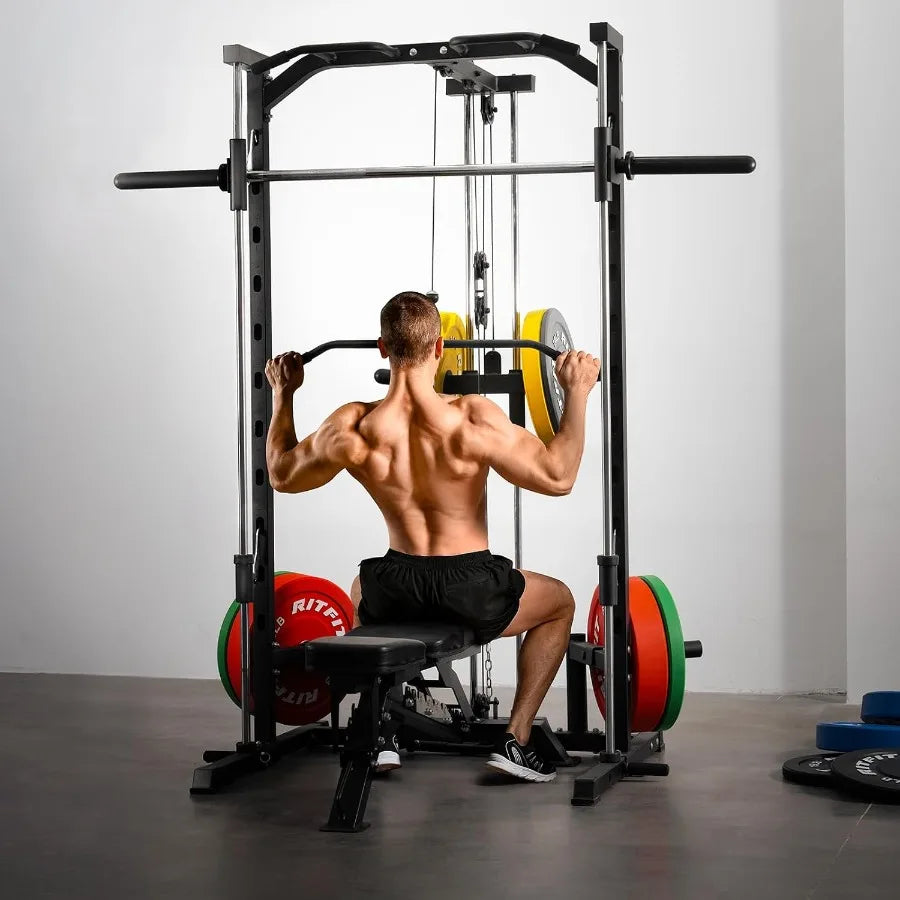 Smith Machine Power Rack with LATPull Down System Landmine Barbell Bar Plate Storage Pegs and More Training Attachment