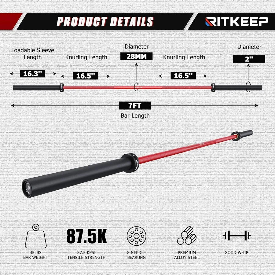 RitKeep 7ft  Barbell Weight Bar 45 LB Bench Press Bar Work Out Equipment for Home 700 LBS Max Capacity Weightlifting