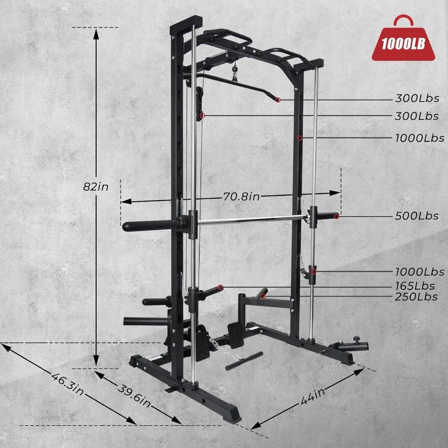 Smith Machine Power Rack with LATPull Down System Landmine Barbell Bar Plate Storage Pegs and More Training Attachment