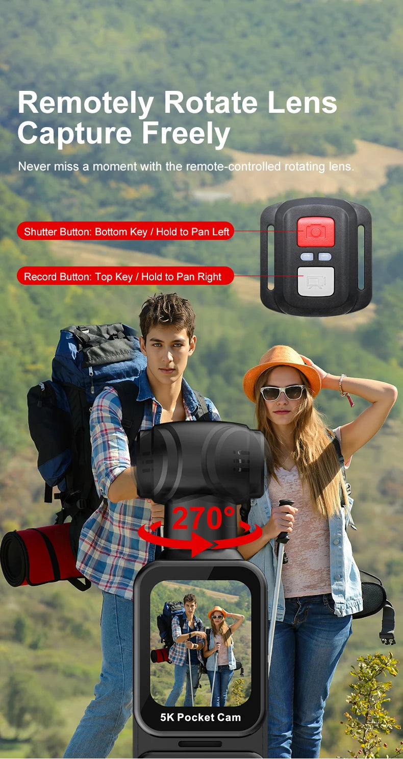 5K Pocket Action Camera Rotation Lens Quick Focus Sports Camcorder 1.69" Touch Screen Video Record Camera  Anti Shake
