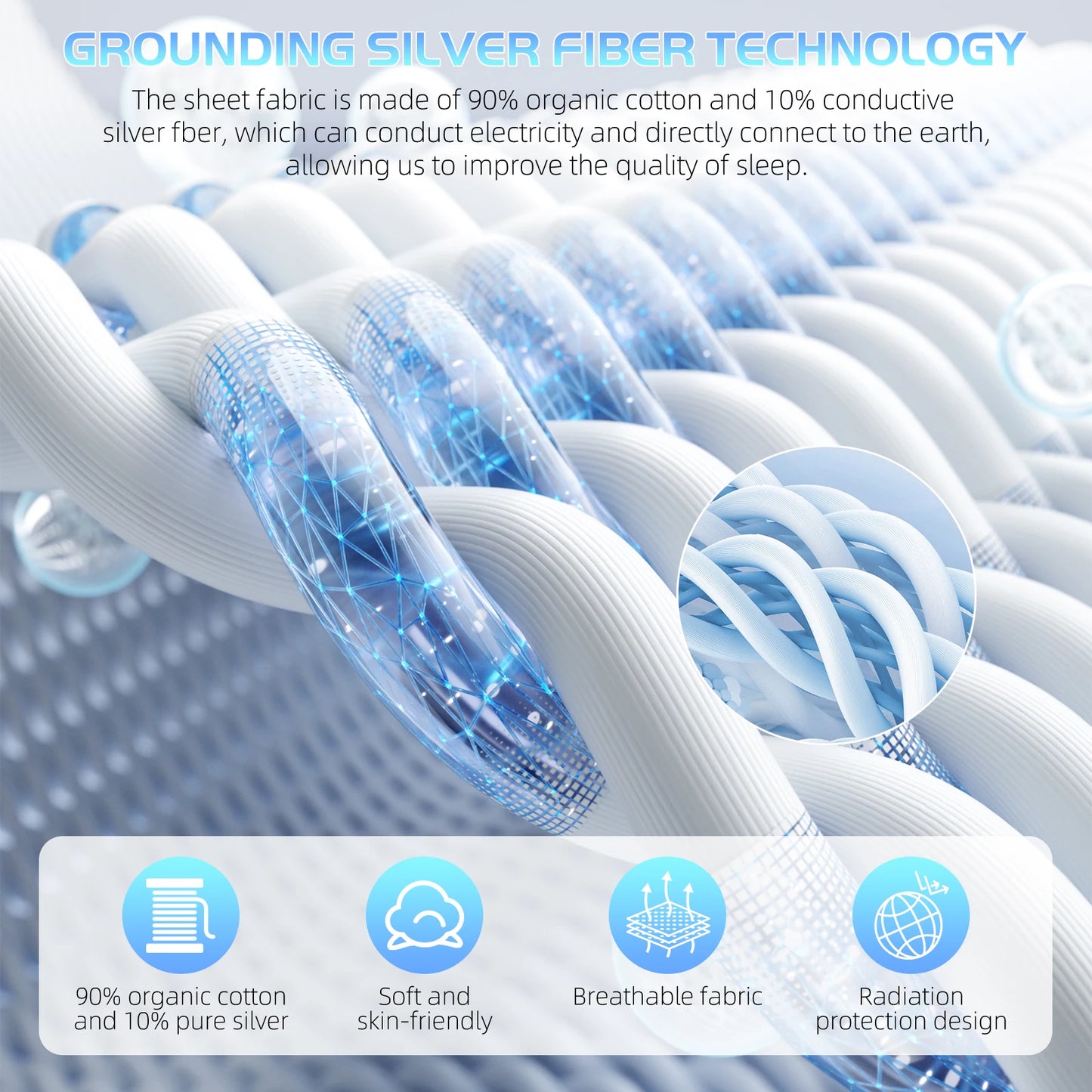 Grounding Sheet, 90% Organic Cotton+10% Pure Silver Organic Fitted Grounded Sheet for Improved Sleep