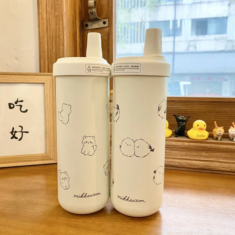 Cute Cat Thermal Cup Kawaii Bubble Milk Tea Water Bottle With Straw Cover Cap Large Stainless Steel Thermos Coffee Tumbler 850ml