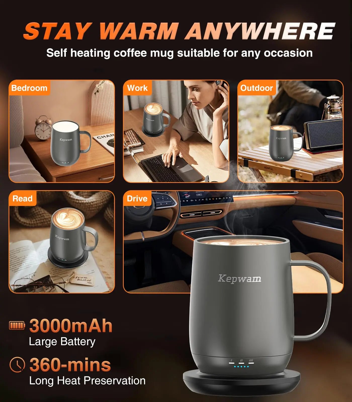 Self Heating Smart Coffee Mug 16oz, Temperature Control up to 149℉, 150 Min Battery Life, No App