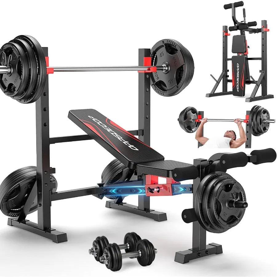 900 LBS Weight Bench Set with Squat Rack for Home Gym: Adjustable Flat Incline Decline Bench Press Station with Leg Extension a