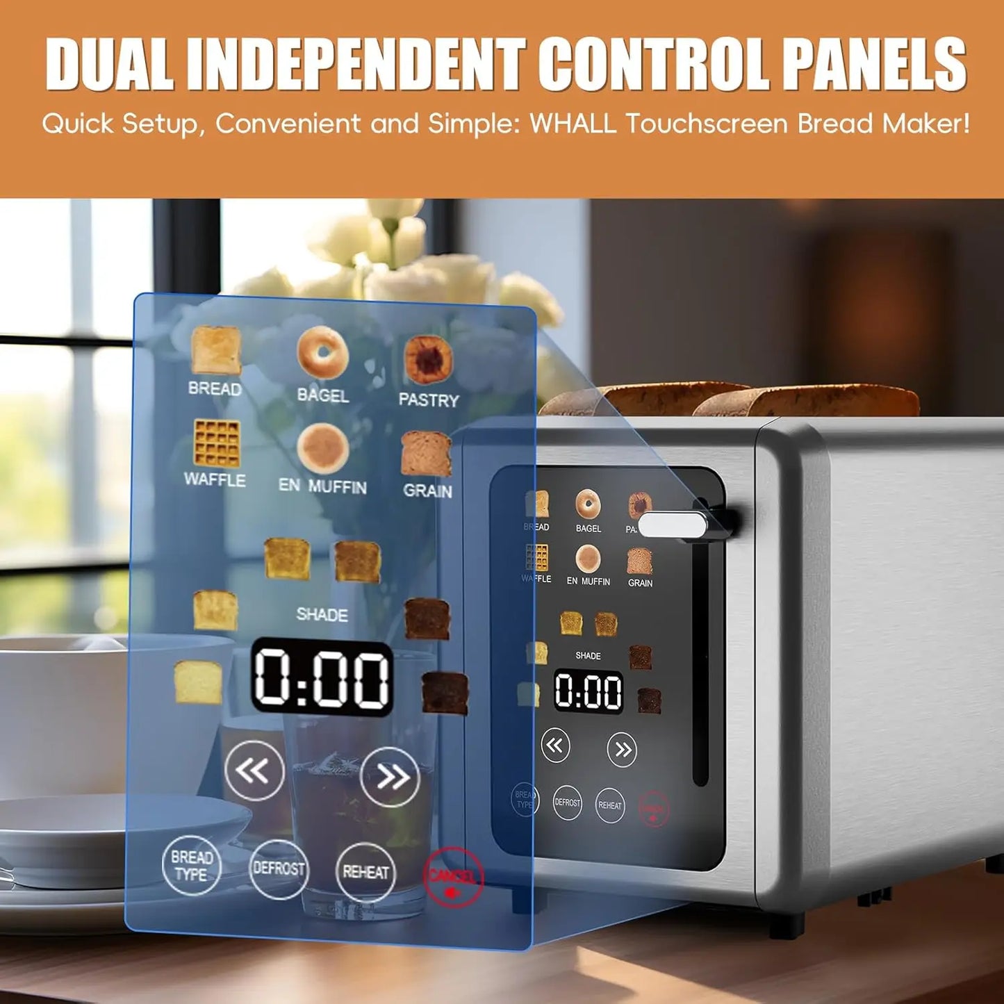 Touch Screen Toaster with Digital Timer, Extra Wide Slots for Bagels, Defrost and Cancel Functions in Silver Finish