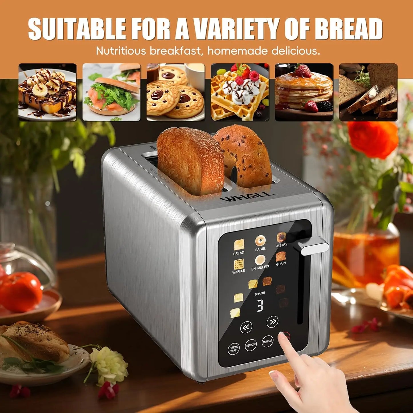 Touch Screen Toaster with Digital Timer, Extra Wide Slots for Bagels, Defrost and Cancel Functions in Silver Finish