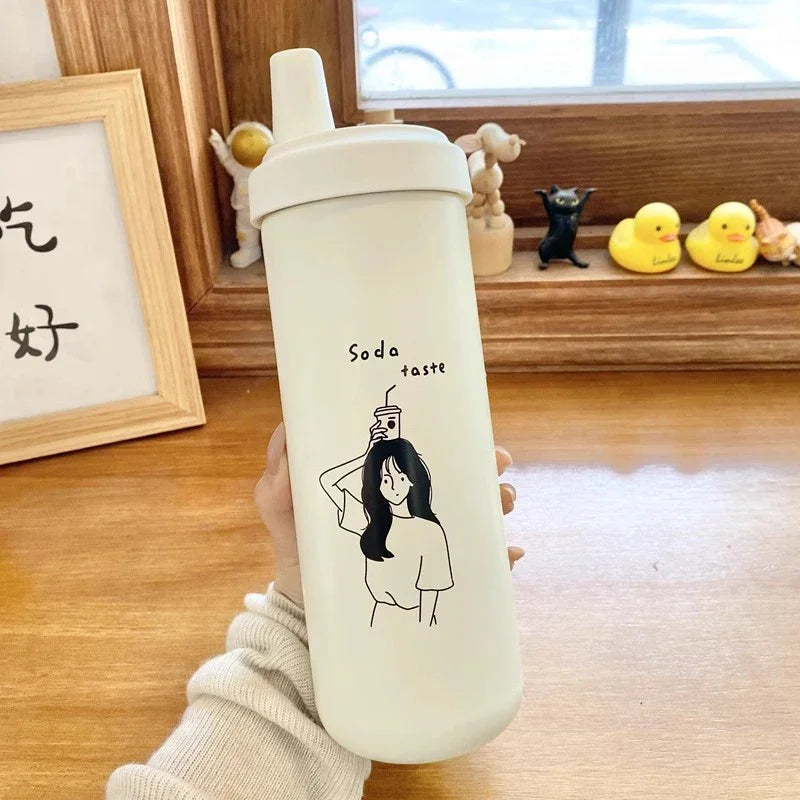 Cute Cat Thermal Cup Kawaii Bubble Milk Tea Water Bottle With Straw Cover Cap Large Stainless Steel Thermos Coffee Tumbler 850ml