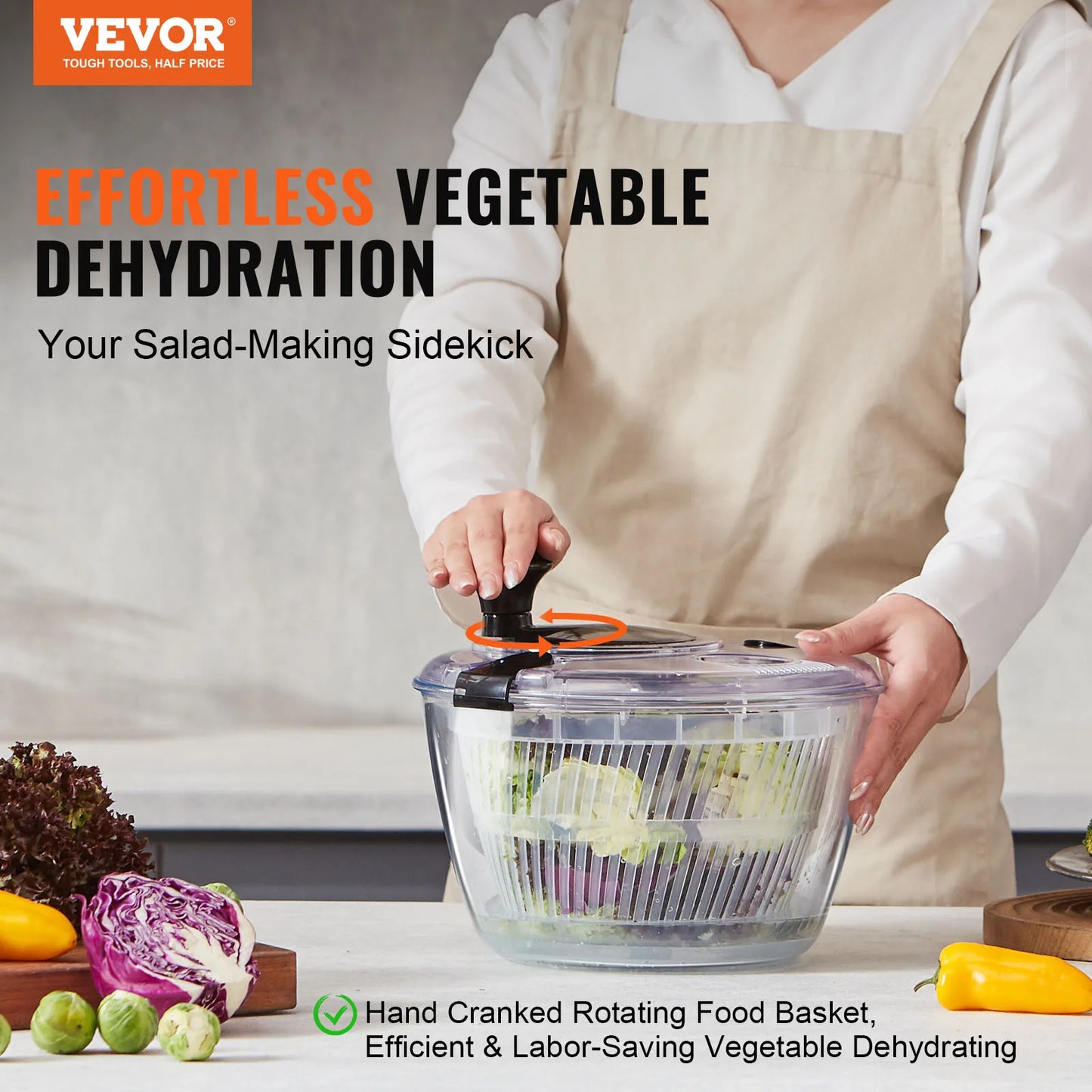 VEVOR Glass Salad Spinner 4.75Qt One-handed Easy Press Large Vegetable Dryer Washer Lettuce Cleaner and Dryer for Greens Herbs