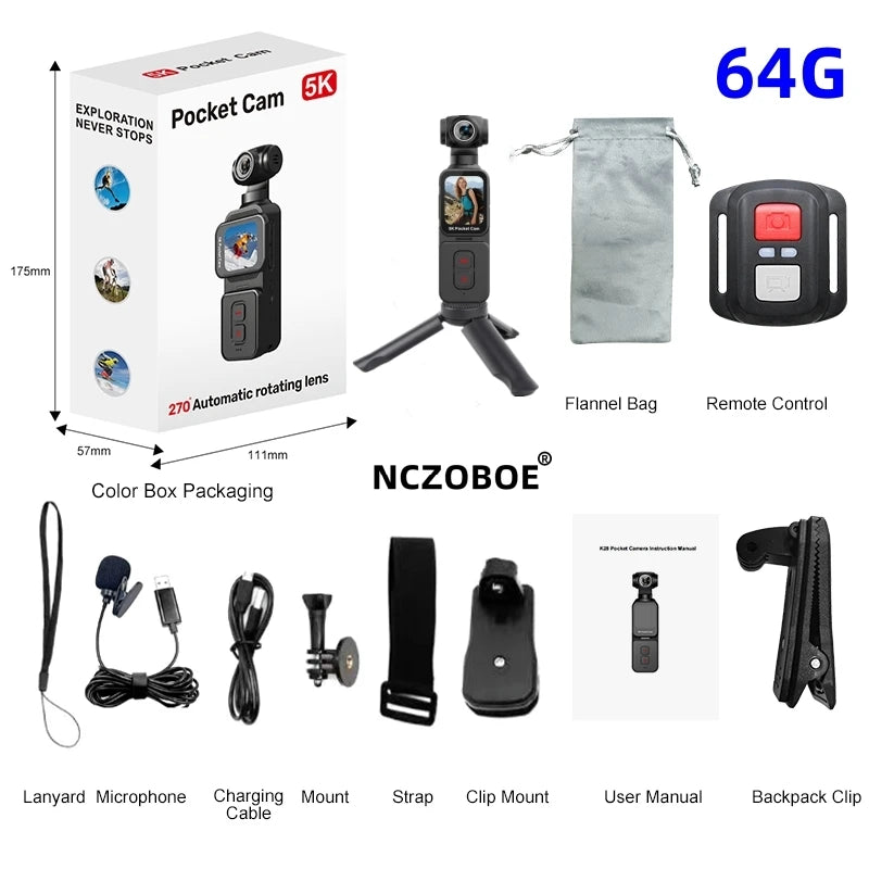5K Pocket Action Camera Rotation Lens Quick Focus Sports Camcorder 1.69" Touch Screen Video Record Camera  Anti Shake
