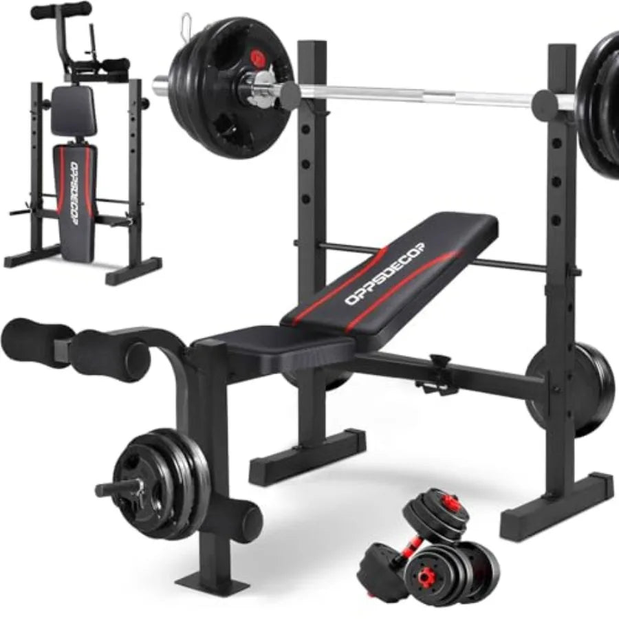 Standard Weight Bench Set with Squat Rack 600LBS Adjustable Bench Press Set with Leg Extension and Leg Curl Foldable Flat Incli