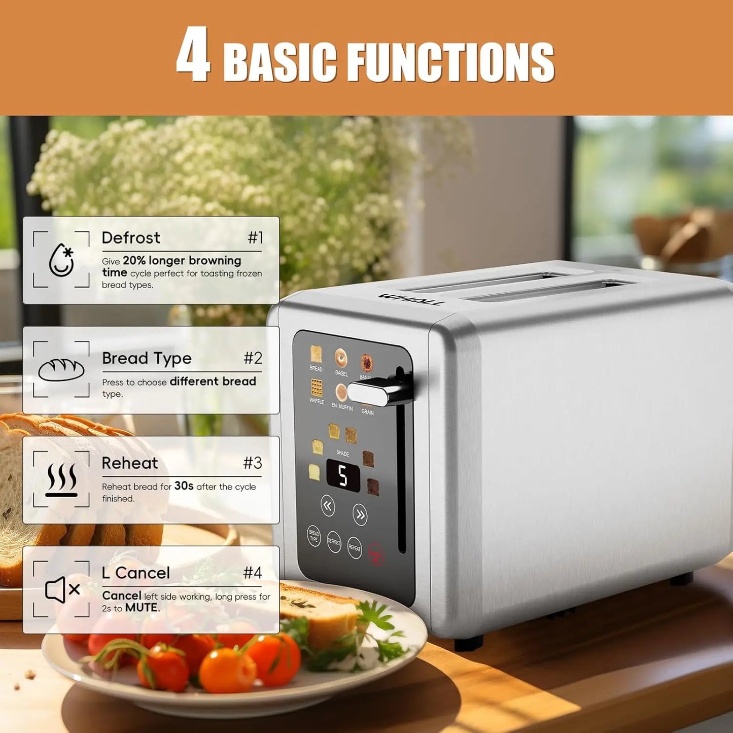 Touch Screen Toaster with Digital Timer, Extra Wide Slots for Bagels, Defrost and Cancel Functions in Silver Finish
