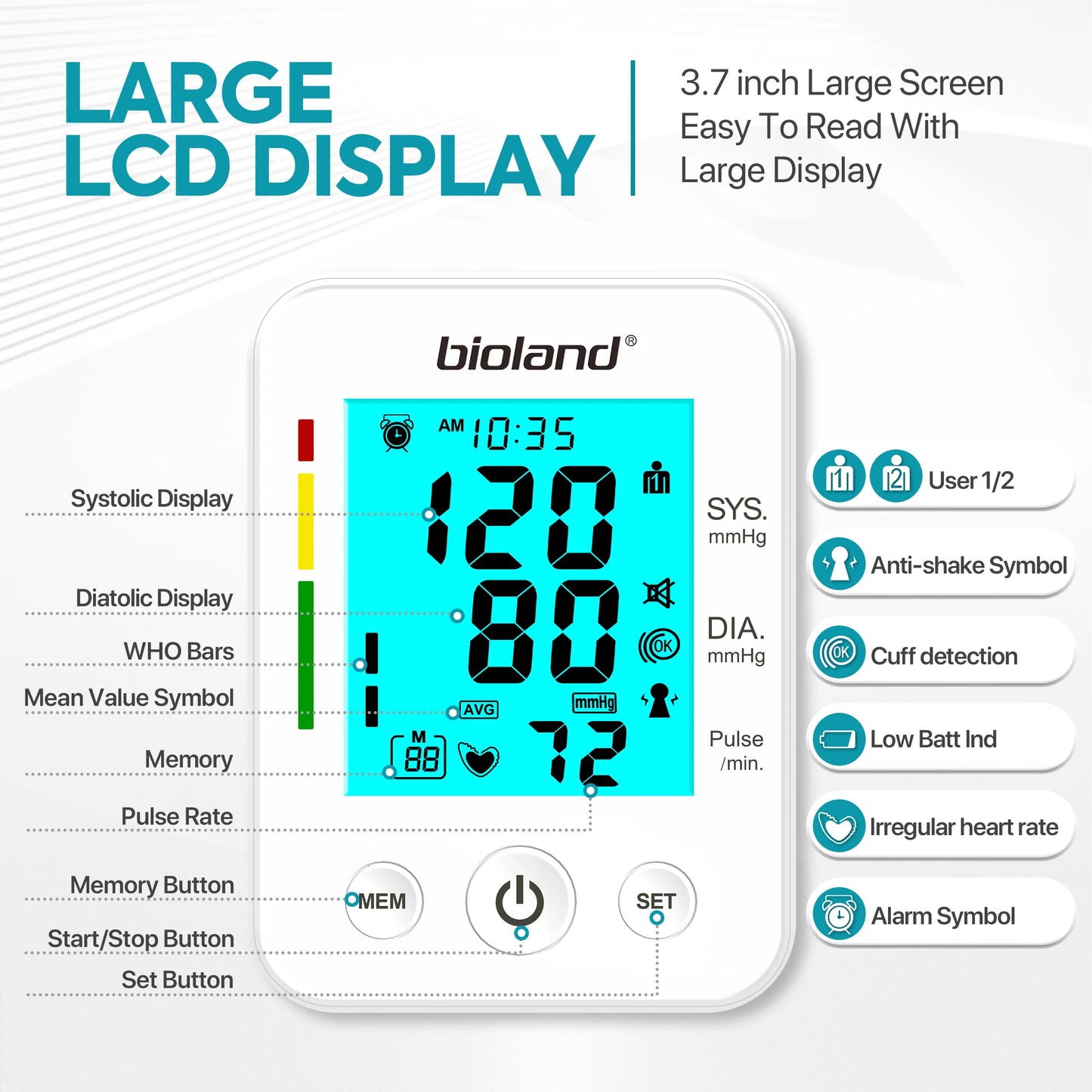 bioland Blood Pressure Monitor 2008 Tensiometer Upper Arm Automatic Digital BP Measuring Device 2005-1 Pulse Heart Rate Monitor