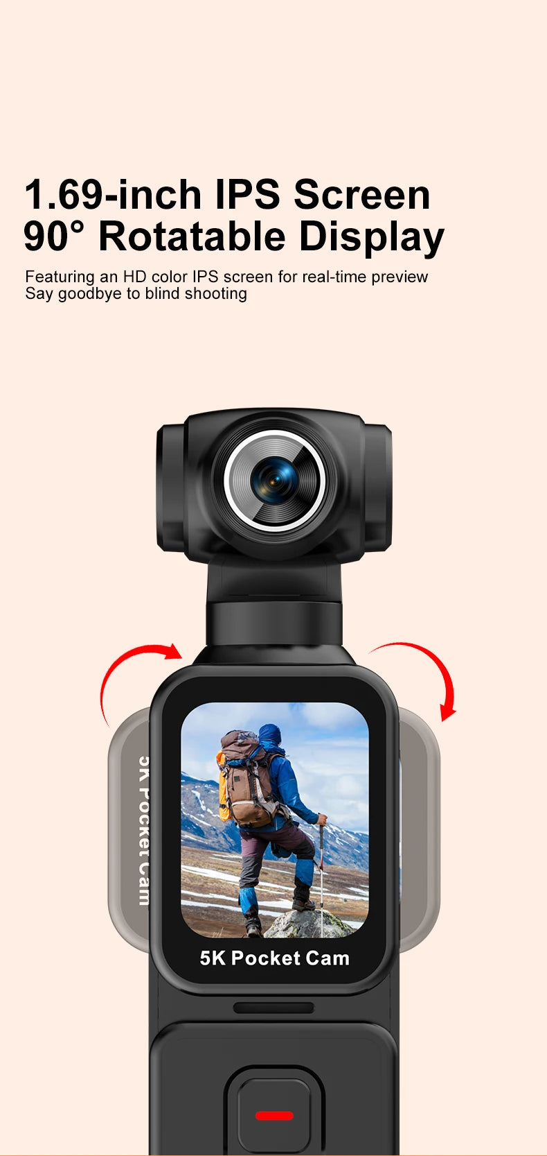 5K Pocket Action Camera Rotation Lens Quick Focus Sports Camcorder 1.69" Touch Screen Video Record Camera  Anti Shake