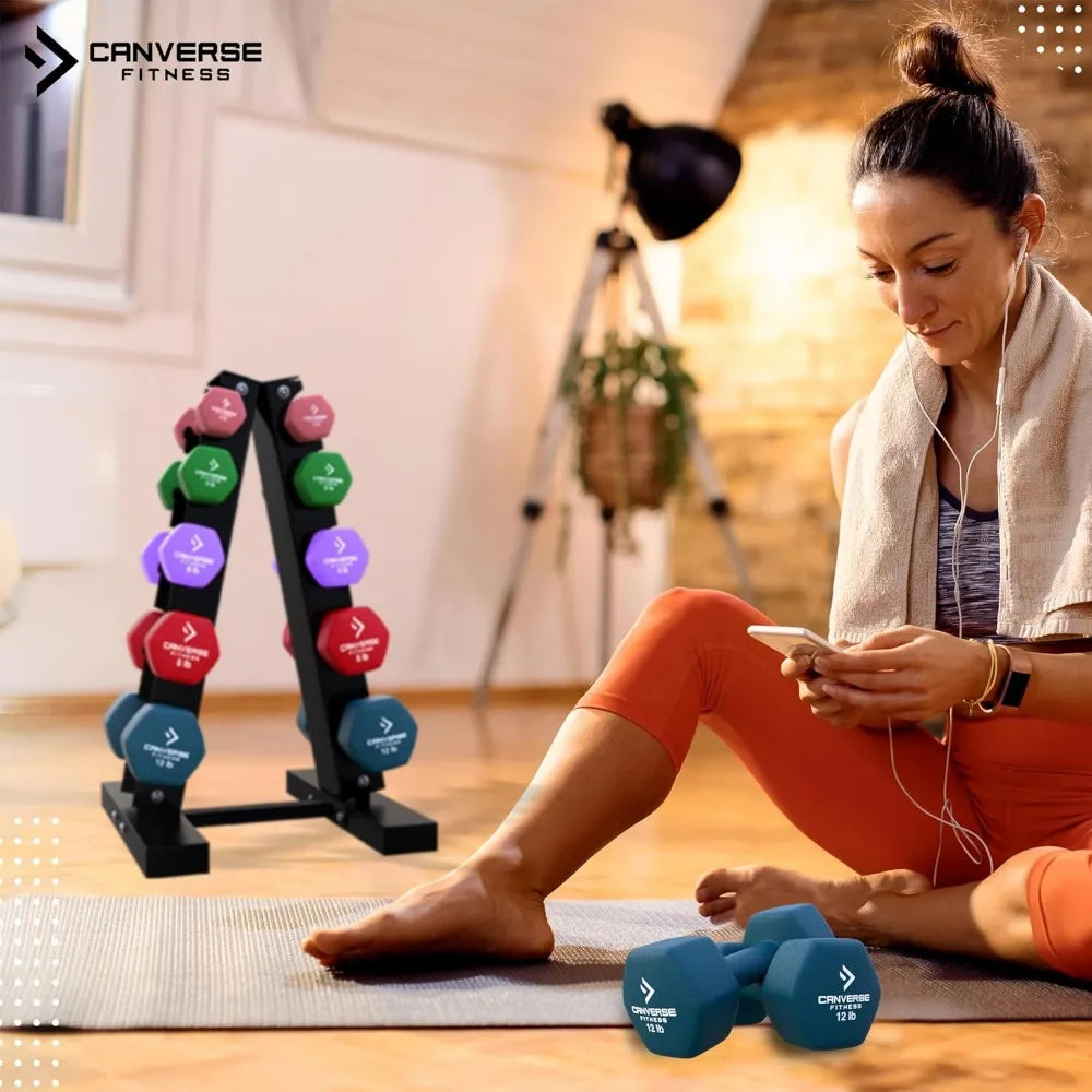 Hexagonal Neoprene Dumbbells with Non-Slip Grip, Anti-Roll Design, and Storage Rack for Fitness Training