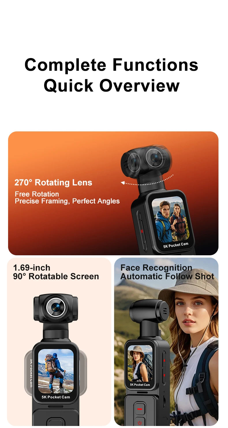 5K Pocket Action Camera Rotation Lens Quick Focus Sports Camcorder 1.69" Touch Screen Video Record Camera  Anti Shake