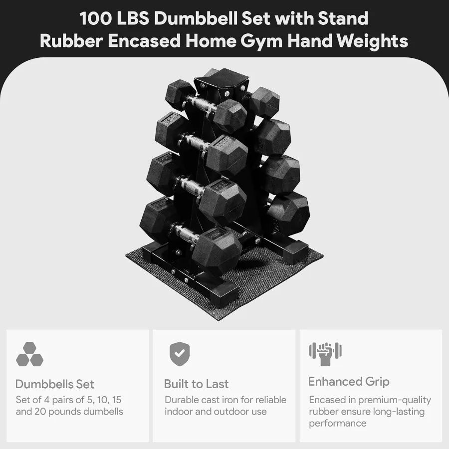 Rubber Coated Hex Dumbbell Weight Set with Storage Rack for Home Gym and Fitness Training Available in 100LB 150LB or 200LB Con