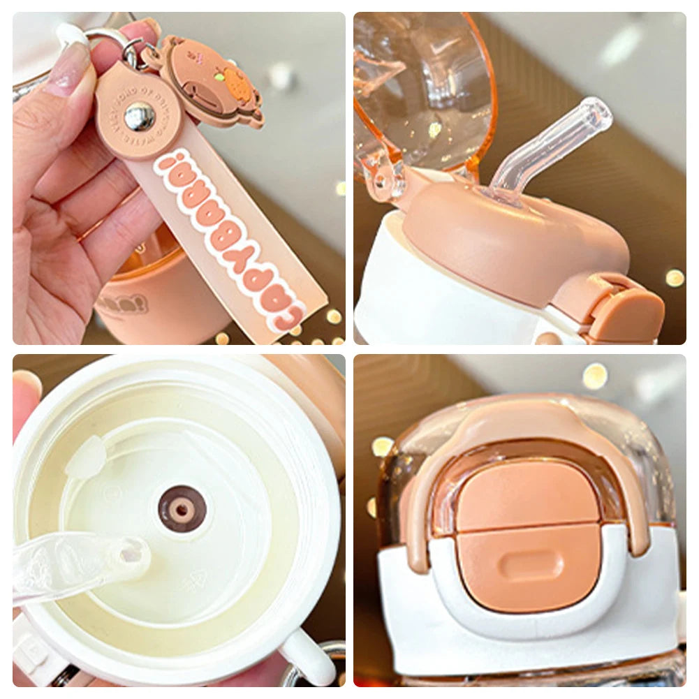 Capybara Large Capacity Water Cup & Straw Leakproof Drinks Bottle Plastic Kapibara Cup for Childs Teen Girl Travel School Sports