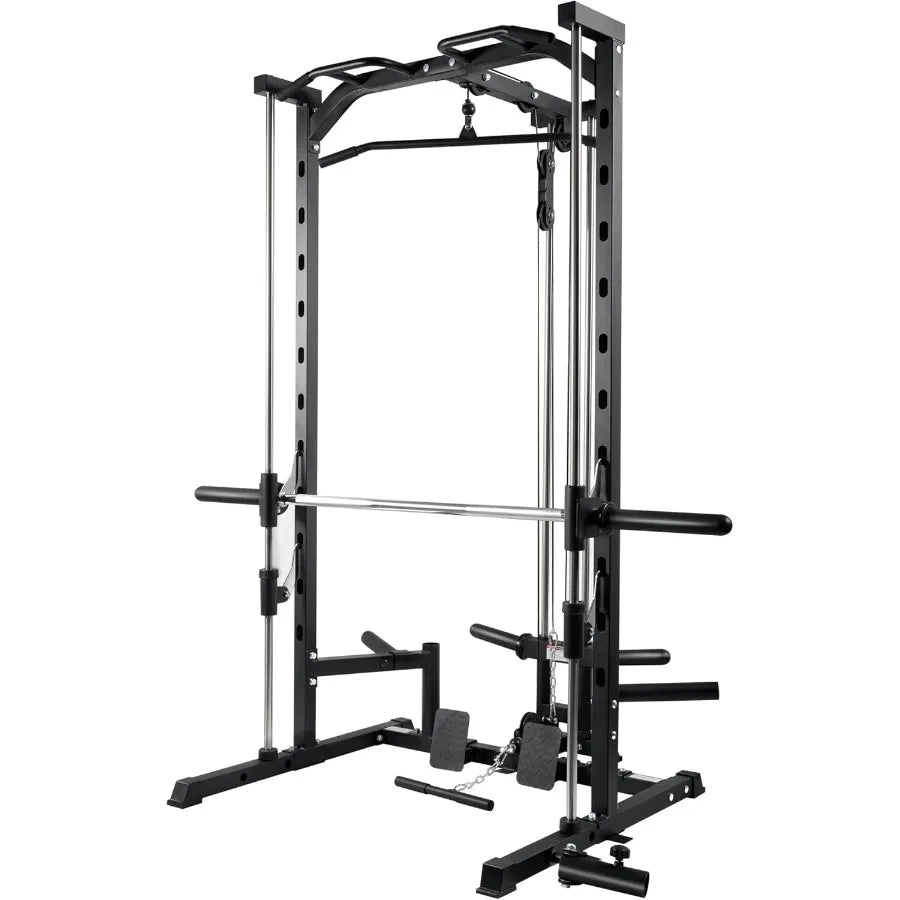 Smith Machine Power Rack with LATPull Down System Landmine Barbell Bar Plate Storage Pegs and More Training Attachment