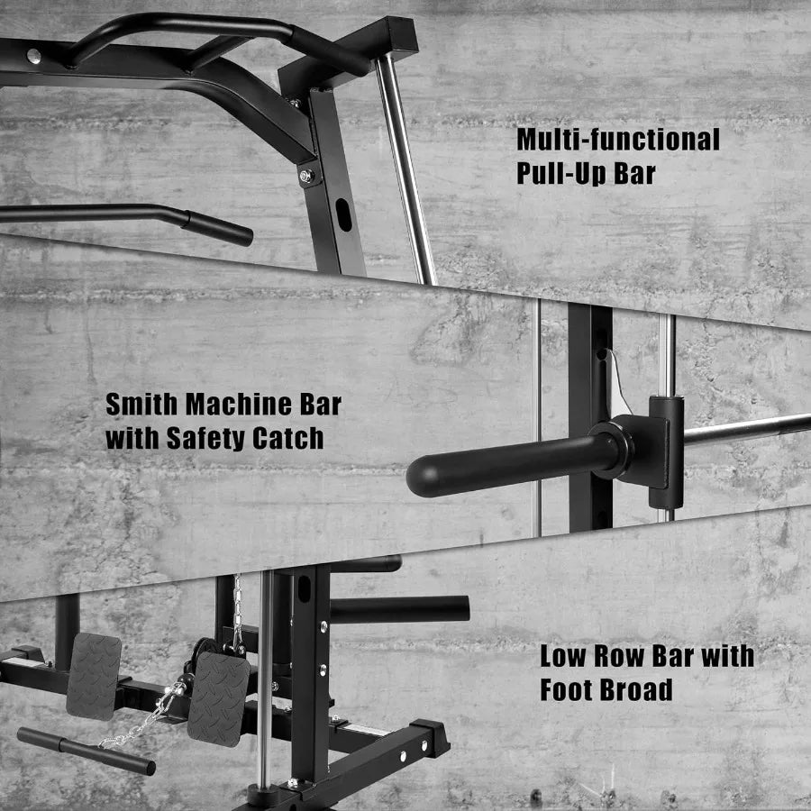 Smith Machine Power Rack with LATPull Down System Landmine Barbell Bar Plate Storage Pegs and More Training Attachment