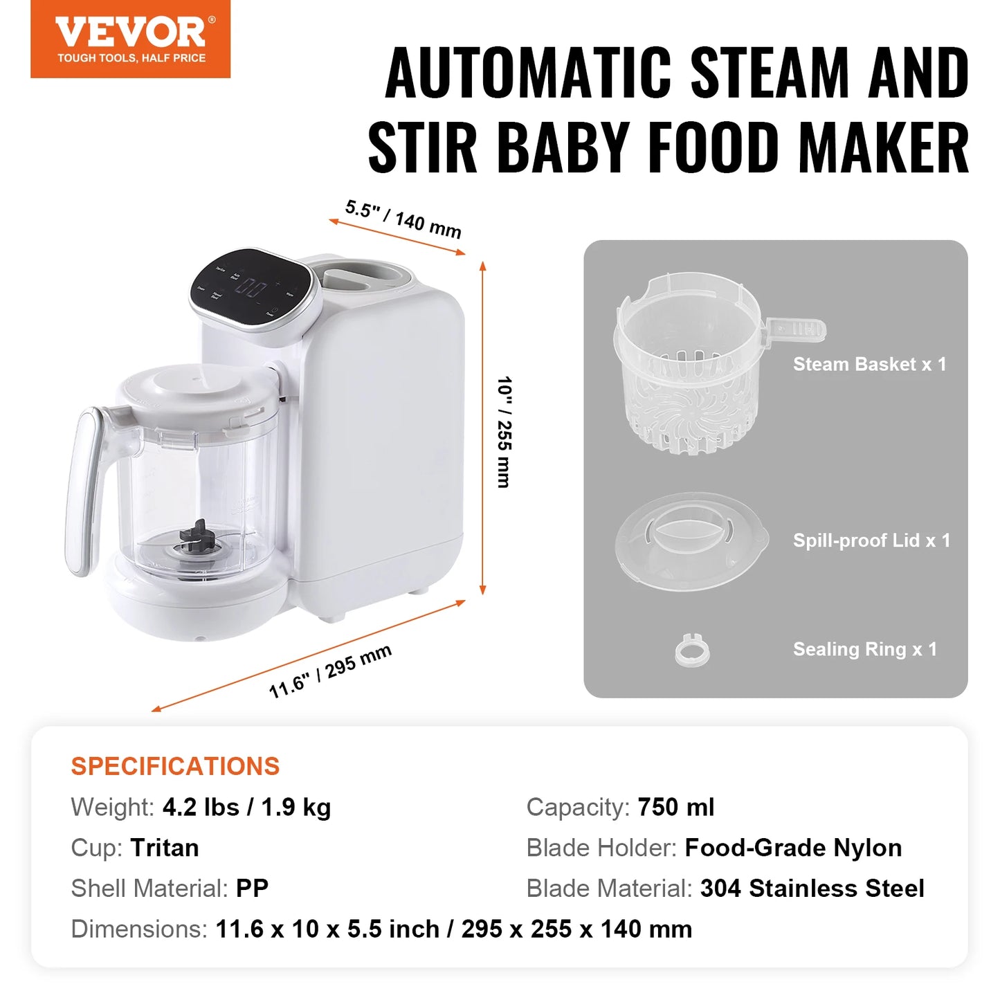 SucceBuy Baby Food Maker 430W with 750 ml Tritan Bowl SUS304 5 in 1 Blender Steamer Grinder for Food Fruit Vegetable Meat