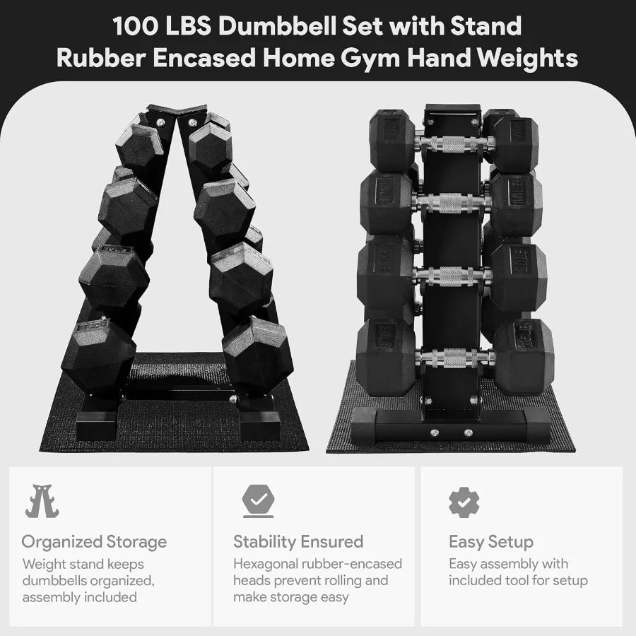 Rubber Coated Hex Dumbbell Weight Set with Storage Rack for Home Gym and Fitness Training Available in 100LB 150LB or 200LB Con