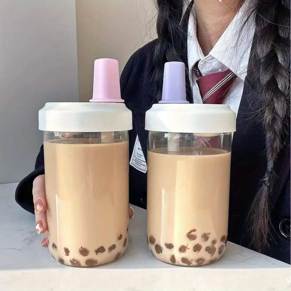 Large Capacity Pearl Milk Tea Glass Cup with Straw, Simple Design Plastic Water Bottle, Casual Style Drinkware for Daily Use