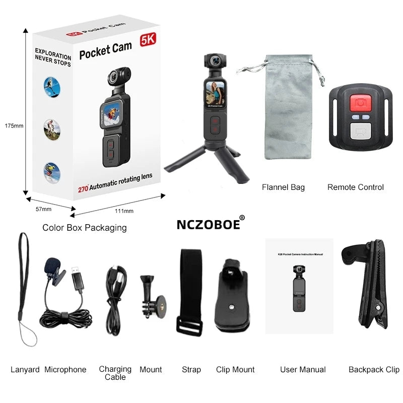 5K Pocket Action Camera Rotation Lens Quick Focus Sports Camcorder 1.69" Touch Screen Video Record Camera  Anti Shake