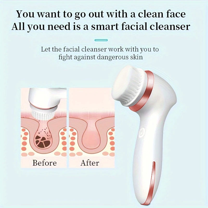 Electric Facial Cleansing Brush 3 in 1 with 3 Brush Heads Water Proof Rechargeable Rose Gold with Purple Massage Head
