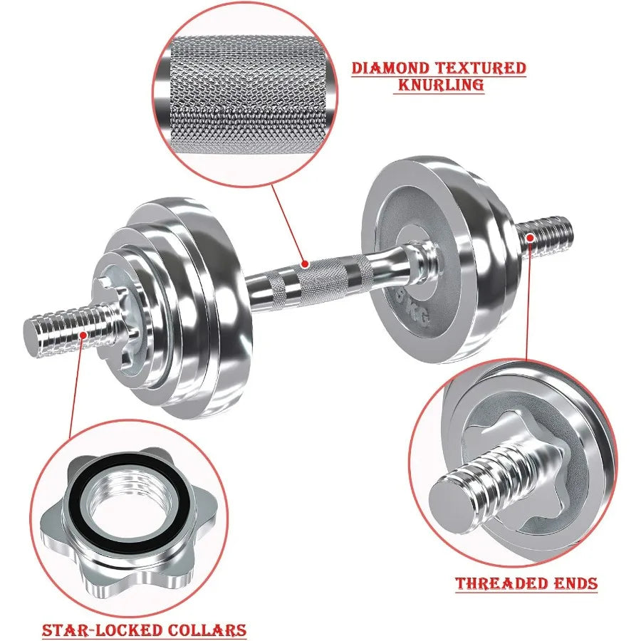 Fitness Dumbbells Set, Adjustable Weight Sets up to 44 lbs, with Metal Connecting Rod Used As Barbell, Chromed Weights, Hardcove