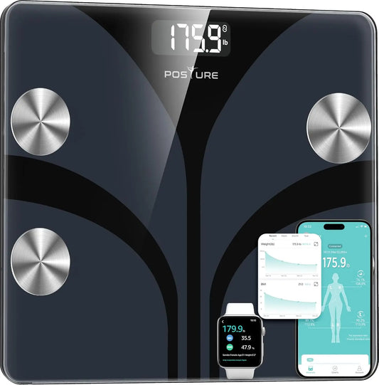 Digital Bathroom Smart Scale with Body Composition Analyzer, Syncs to Apps for BMI Health Monitoring, 400lbs Capacity - Black