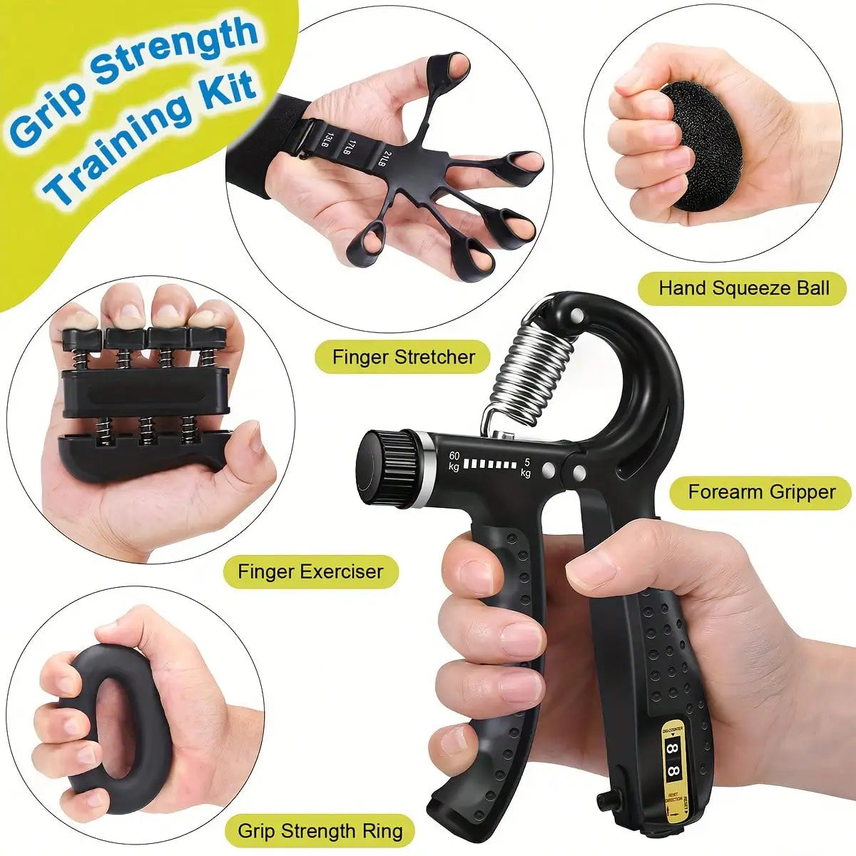5Pcs Grip Strength Trainer Set - Forearm/Finger Exercisers for All Hand Sizes & Extensor Workouts