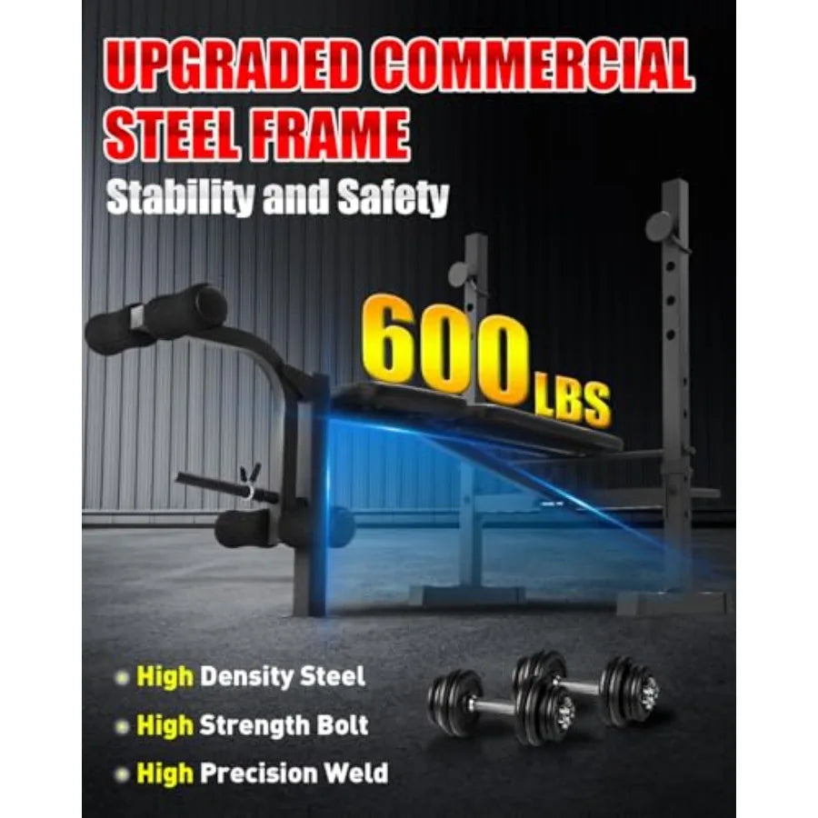 Standard Weight Bench Set with Squat Rack 600LBS Adjustable Bench Press Set with Leg Extension and Leg Curl Foldable Flat Incli
