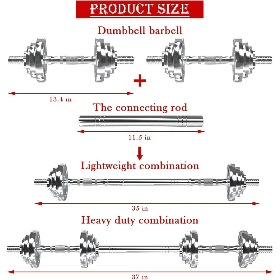 Fitness Dumbbells Set, Adjustable Weight Sets up to 44 lbs, with Metal Connecting Rod Used As Barbell, Chromed Weights, Hardcove