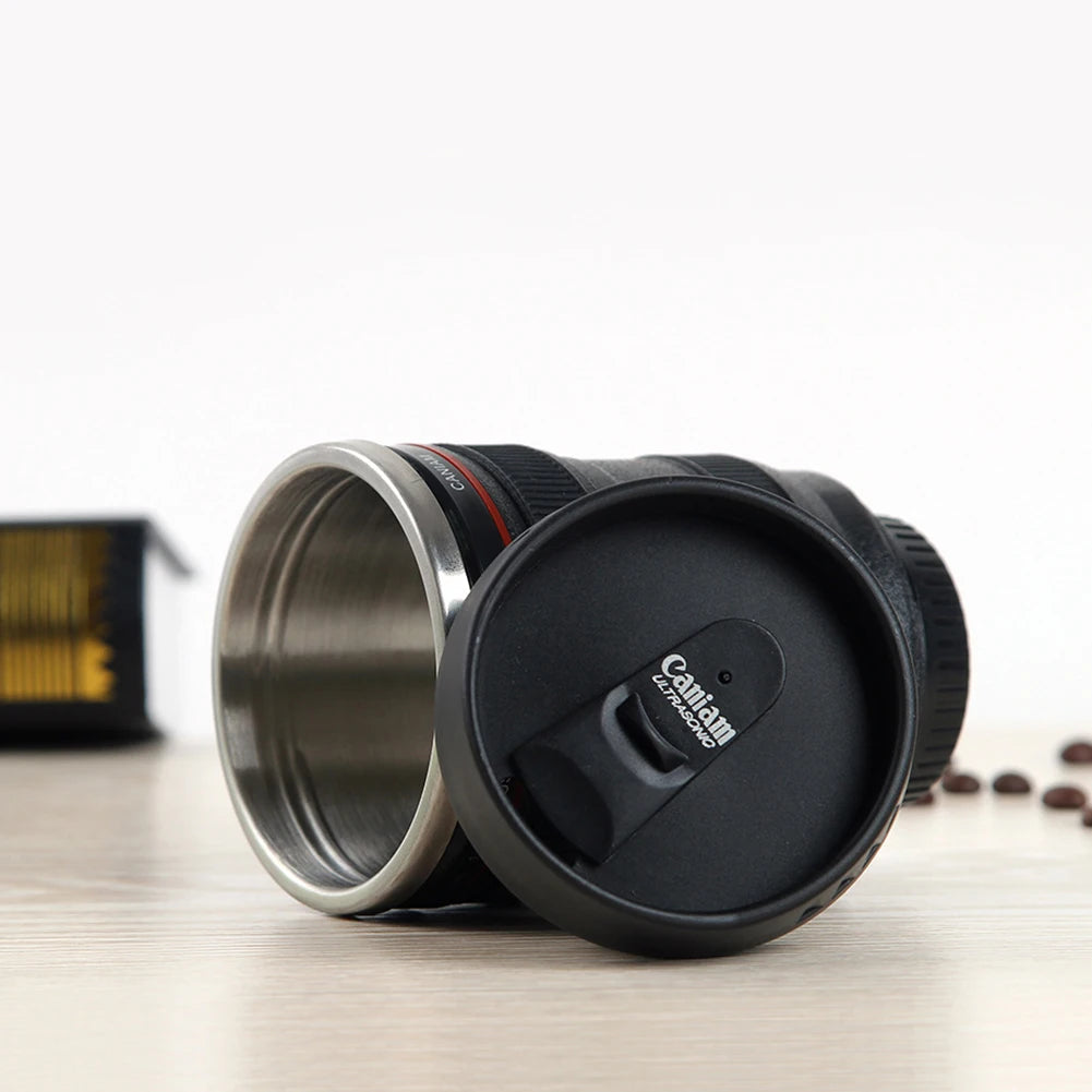 Stainless Steel Vacuum Flasks Thermal Insulation Cup 350mL Creative Camera Lens Shape Coffee Tea Mug with Lid