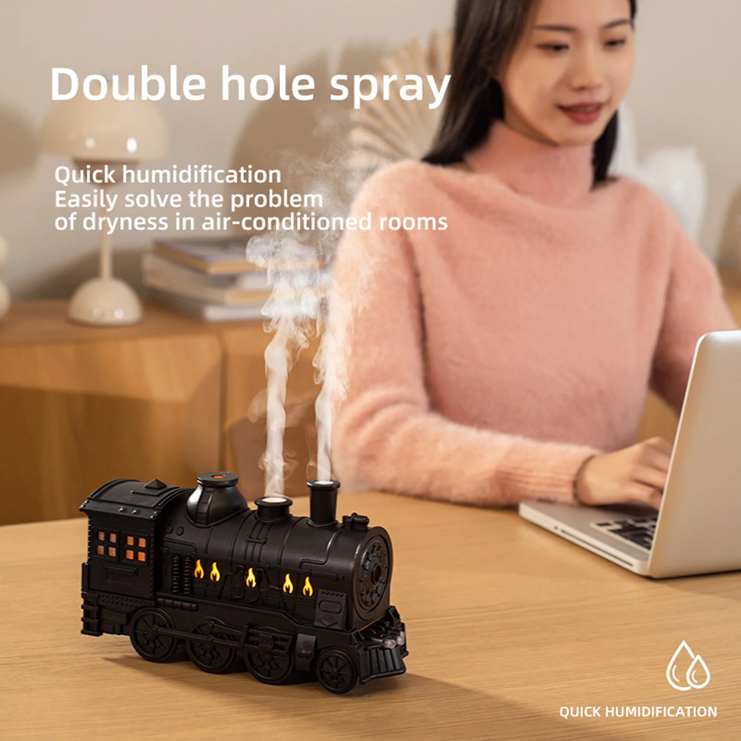 300ML Vintage Steam Train Air Diffuser Humidifier with 2-Color LED Light Essential Oil Diffuser for Home Decor & Gifts