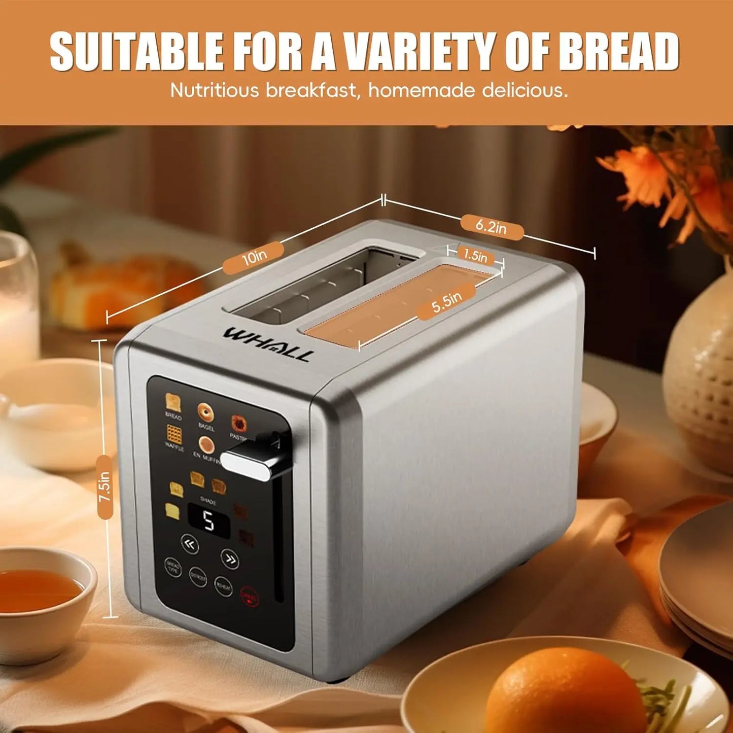 Touch Screen Toaster with Digital Timer, Extra Wide Slots for Bagels, Defrost and Cancel Functions in Silver Finish